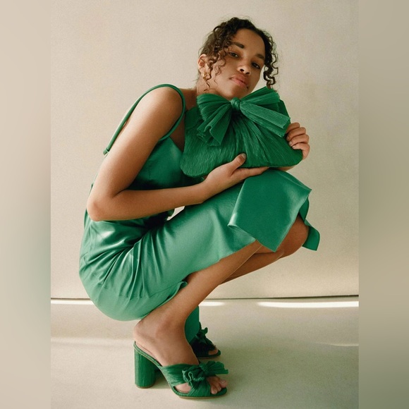 Loeffler Randall Penny Knot Mule High Heel in Pleated Metallic Emerald Green, 10 - Picture 8 of 10